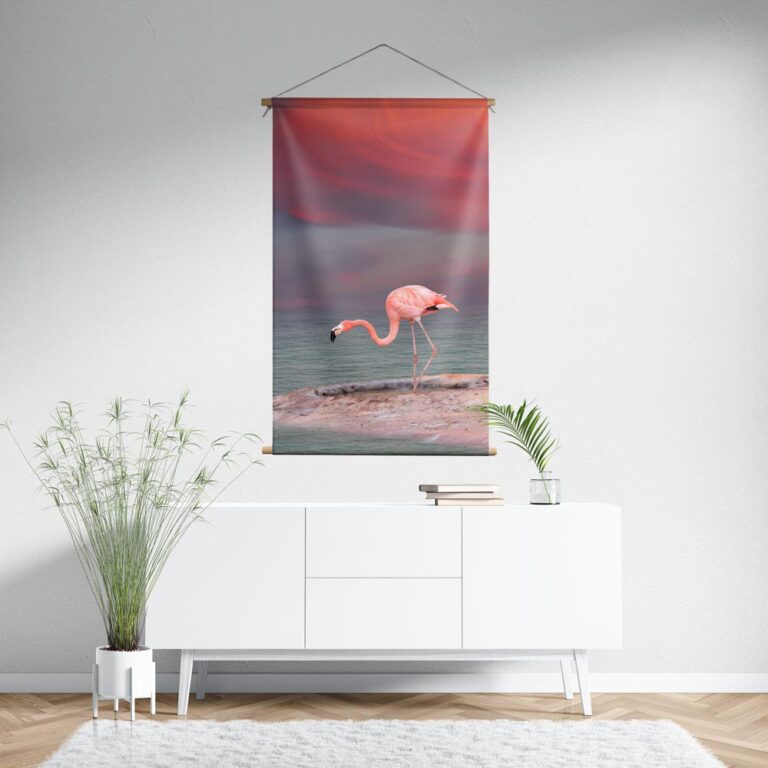 Textielposter Flamingo's aan de oever