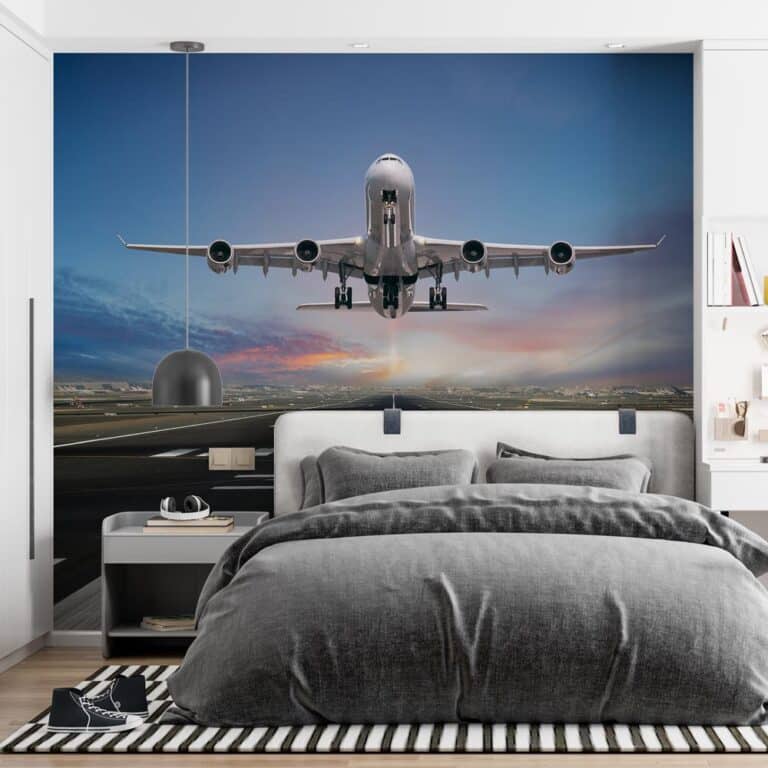 vliegtuig behang - Fotobehang Vliegtuig bij landingsbaan