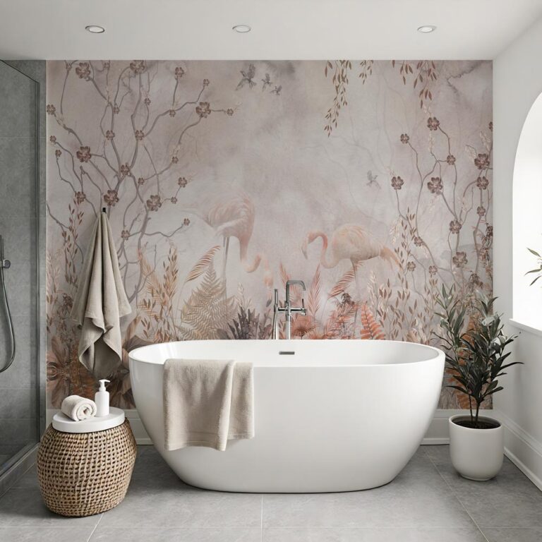 Badkamer behang Flamingo op botanische achtergrond