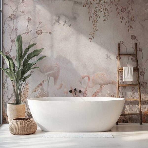 Badkamer behang Flamingo op botanische achtergrond