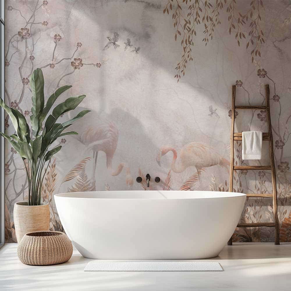 Badkamer behang Flamingo op botanische achtergrond