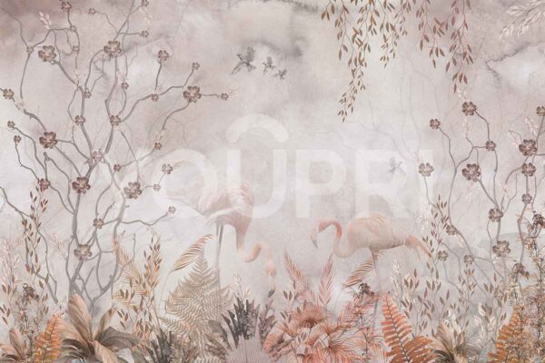Fotobehang flamingo op botanische achtergrond
