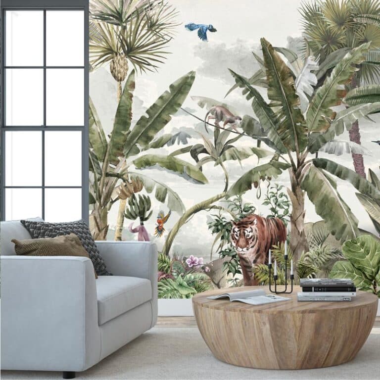 Fotobehang Jungle met tijger en vogels