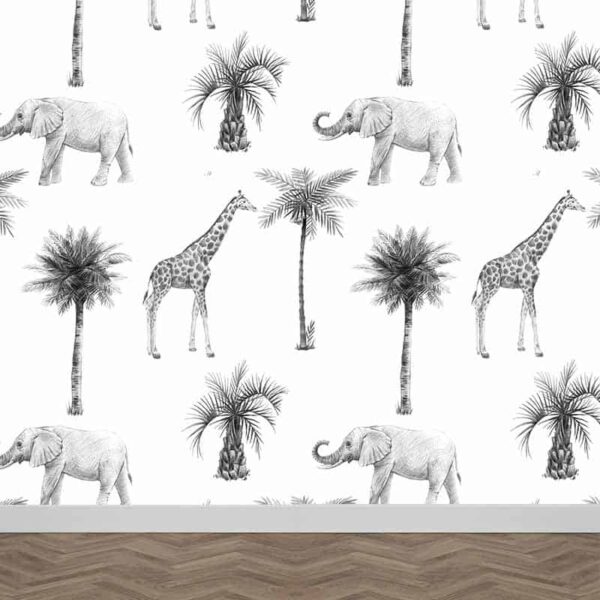Fotobehang Olifanten en giraffen in grijstinten