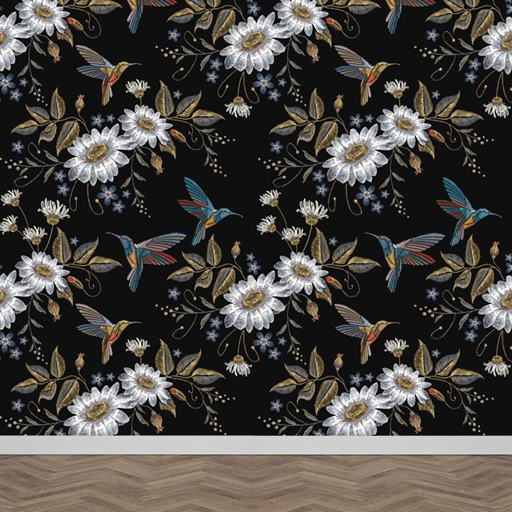 Fotobehang Kolibrie met bloemen patroon