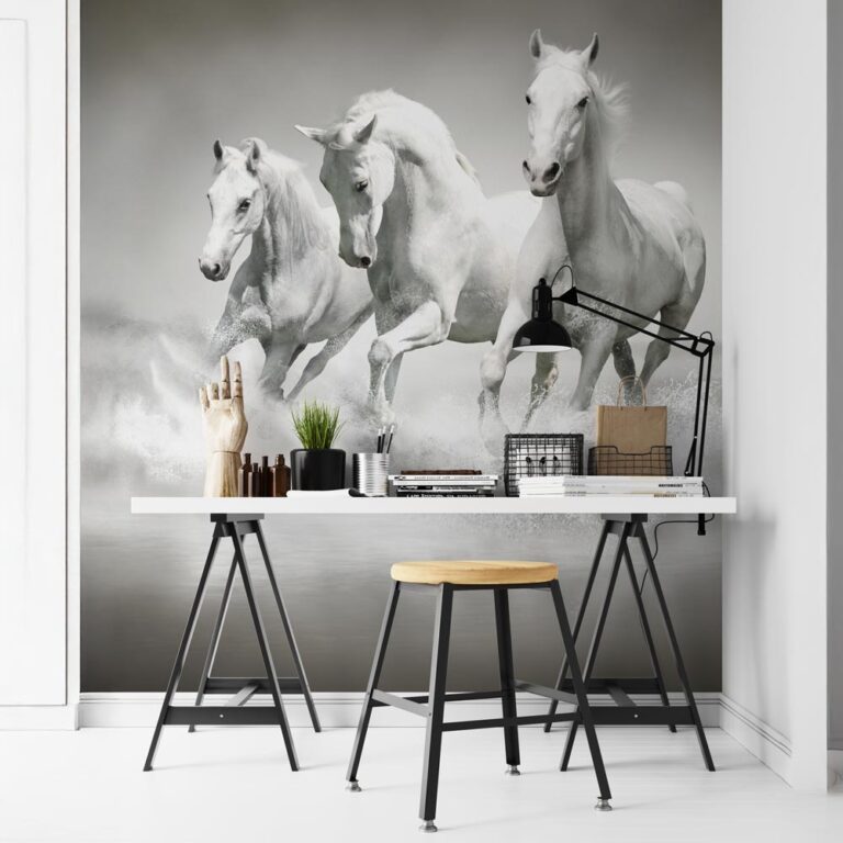 Fotobehang Witte paarden in water