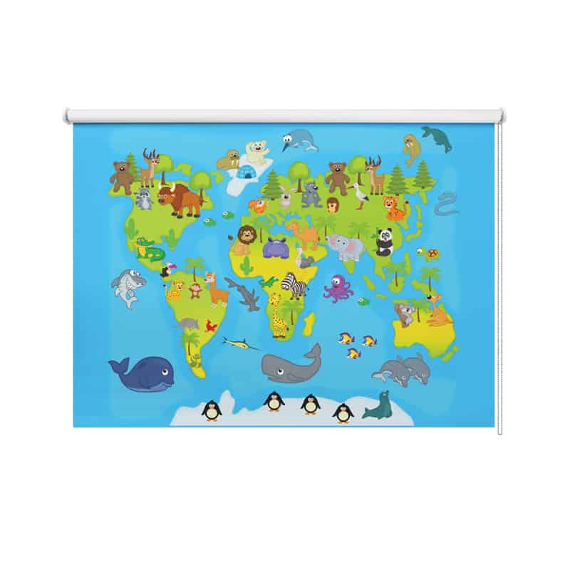 Rolgordijn Vrolijke dieren wereldkaart