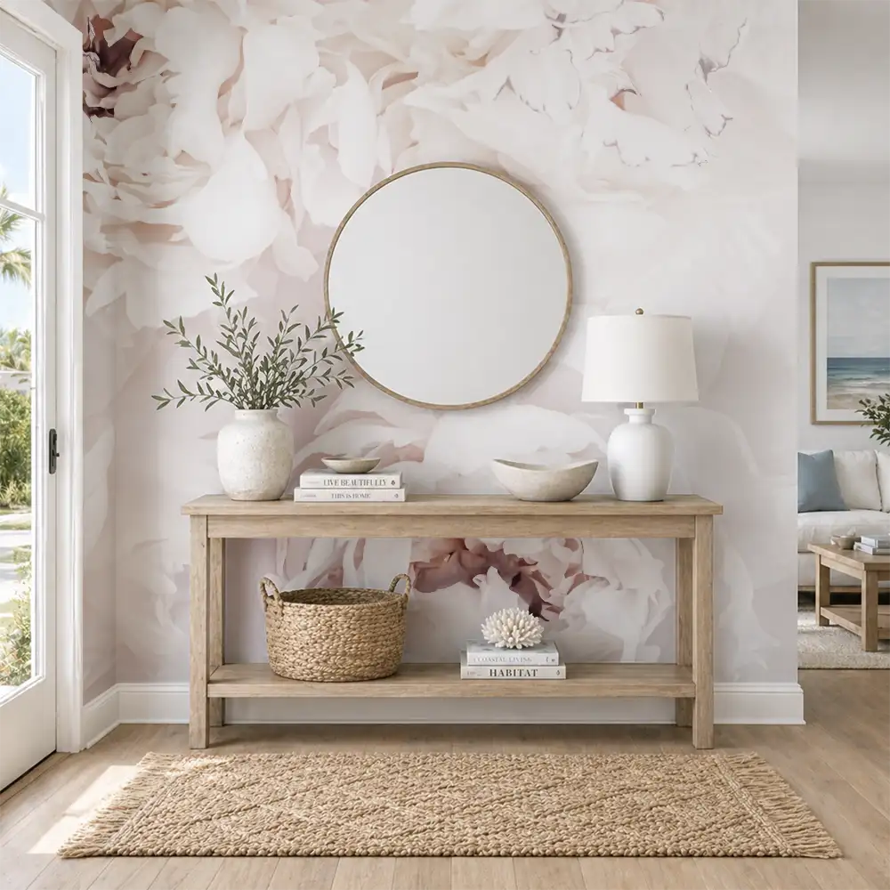 Fotobehang Pioenrozen close up woonkamer met dressoir en spiegel