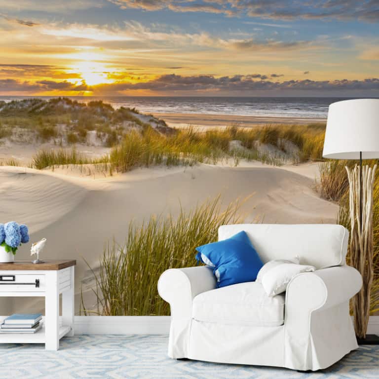 Fotobehang Zee strand duinen in avondschemer