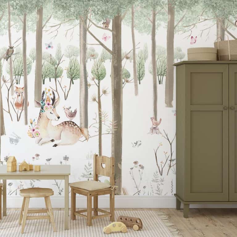 Fotobehang Dieren in bos aquarel hert