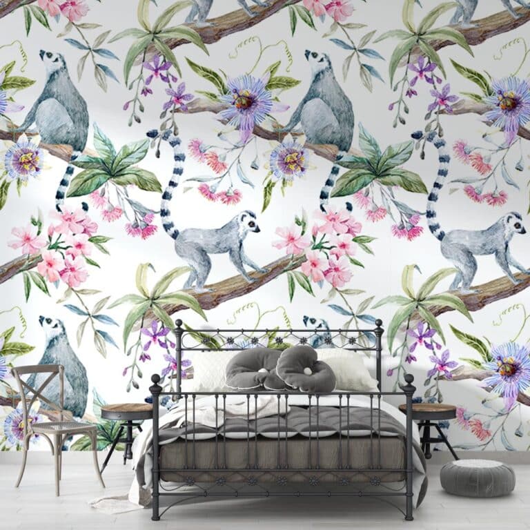 Fotobehang Apen tussen bloemen patroon