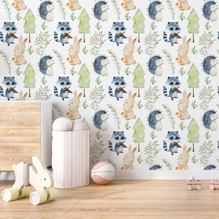 kinderbehang Bosdieren maken muziek