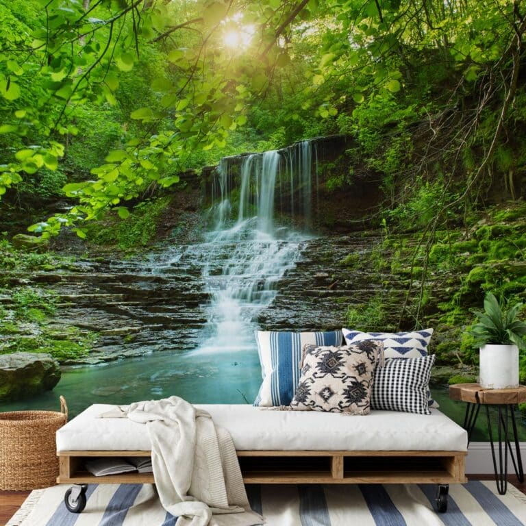 Fotobehang Waterval in zonnig bos
