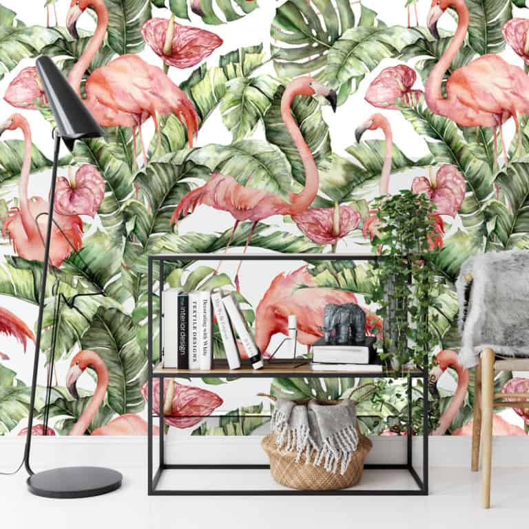 Fotobehang Bladeren flamingo patroon