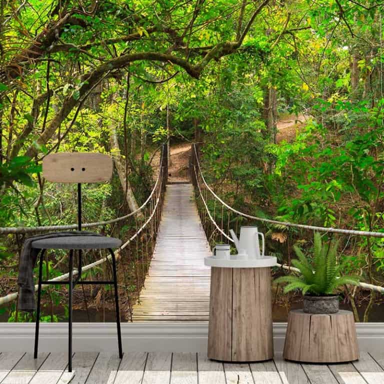 fotobehang touwbrug in regenwoud