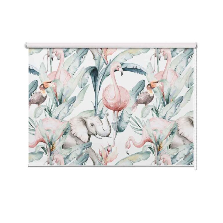 Rolgordijn Olifant toekan flamingo in aquarel