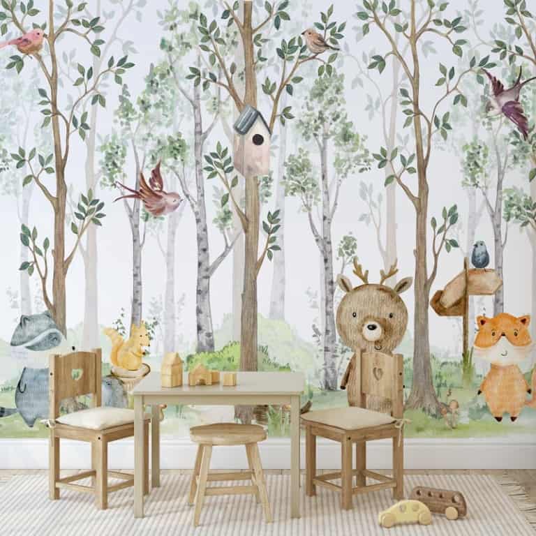 Fotobehang Vrolijke dieren in bos aquarel