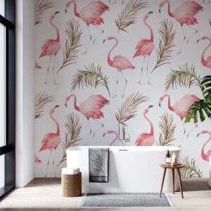 Badkamer behang Flamingo met bladeren