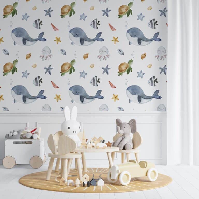 Kinderbehang Vrolijke walvis schildpad vis