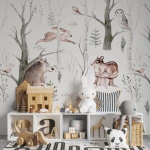 Kinderbehang - Kinderkamer behang - Babykamer behang - Kinderbehang Dieren in bos aquarel patroon