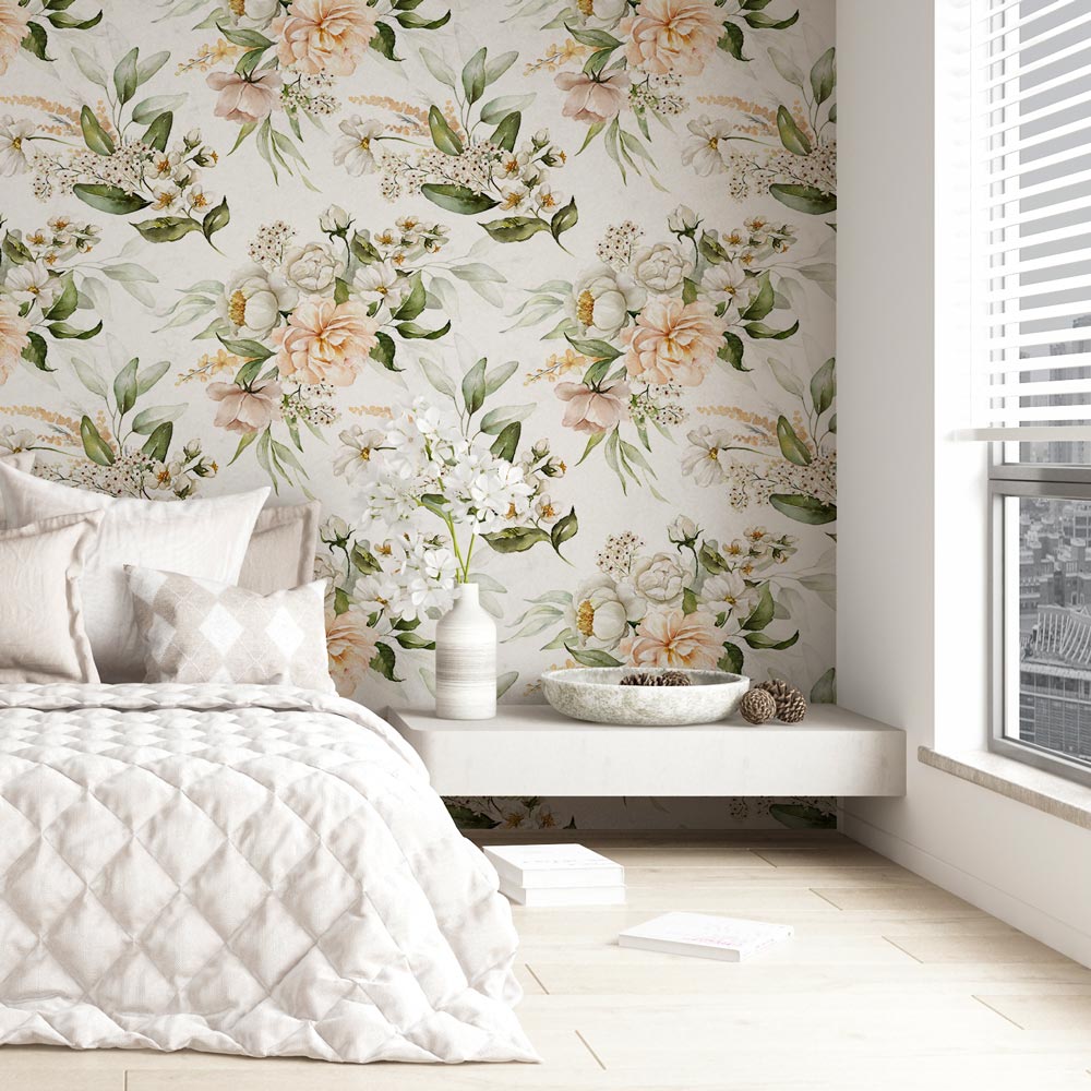 fotobehang Aquarel bloemen en bladeren