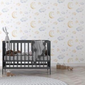 Kinderbehang - Kinderkamer behang - Kinderbehang Maan wolkjes sterretjes
