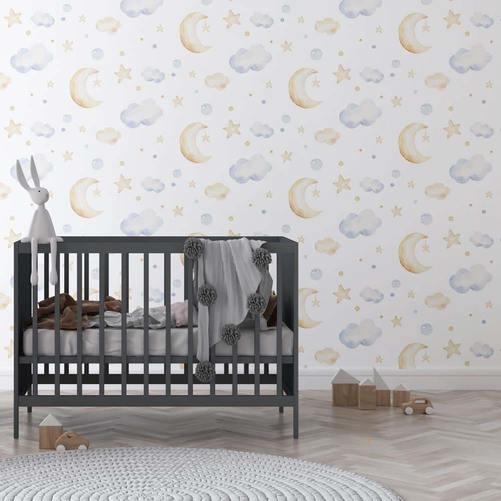 Kinderbehang - Kinderkamer behang - Kinderbehang Maan wolkjes sterretjes