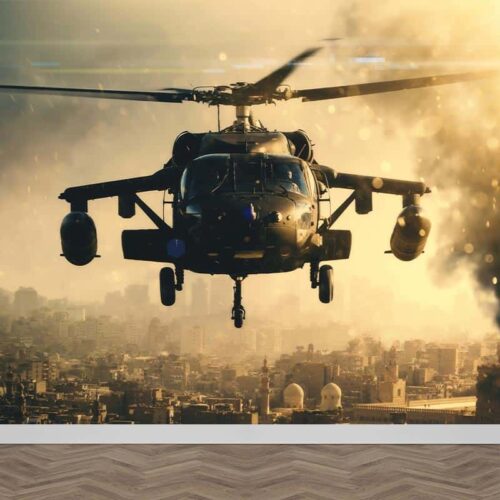 Fotobehang Leger helikopter boven stad
