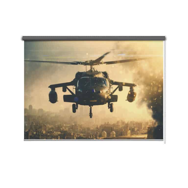 Rolgordijn Leger helikopter boven stad
