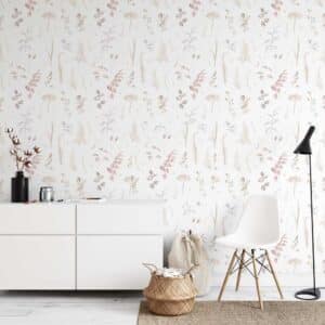 Fotobehang woonkamer - behang woonkamer - Fotobehang Bladeren en bloemen in pasteltinten