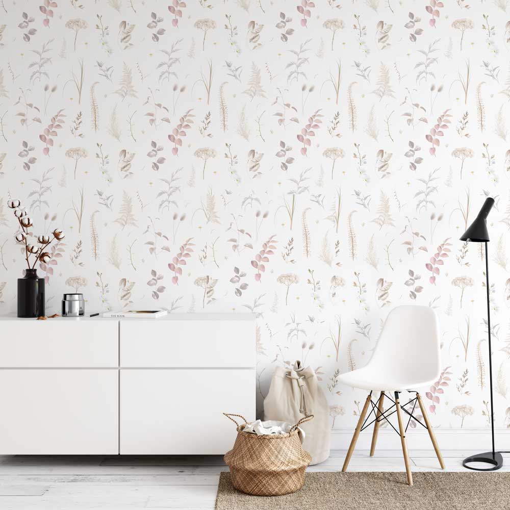 Fotobehang woonkamer - behang woonkamer - Fotobehang Bladeren en bloemen in pasteltinten