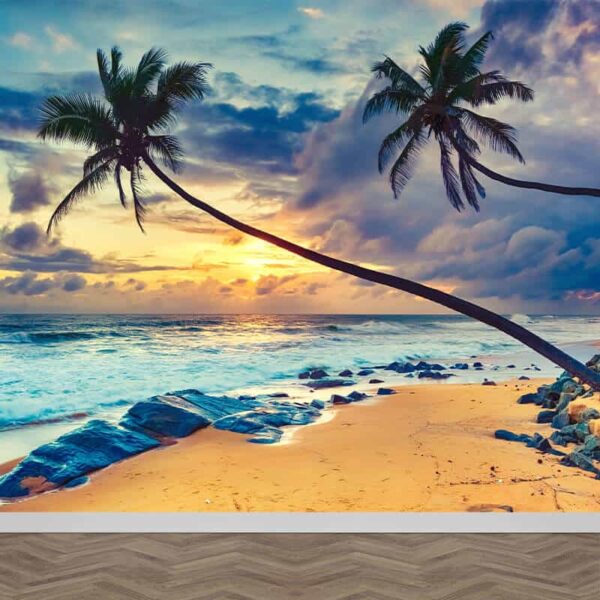 Fotobehang Palmbomen op strand zonsondergang
