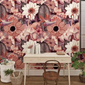 Fotobehang Flamingo en bloemen patroon