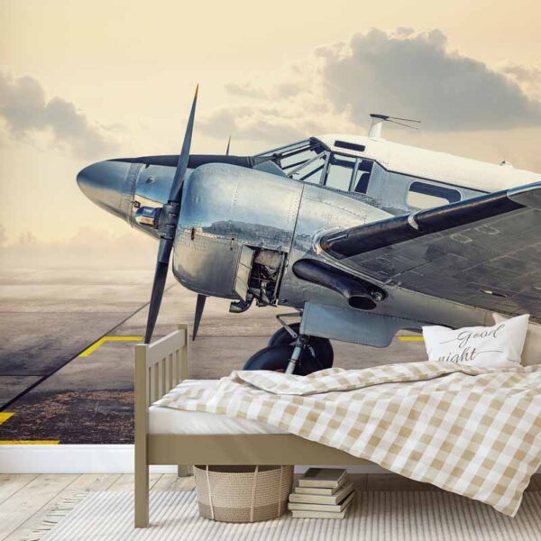 Fotobehang Vintage vliegtuig op landingsbaan
