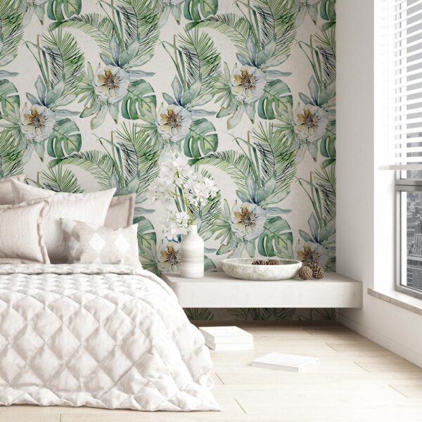 Fotobehang Bladeren en pioenrozen in aquarel