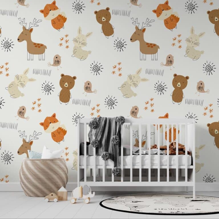 Babykamer behang - Behang babykamer - Kinderbehang - Kinderbehang Vrolijke dieren in het bos