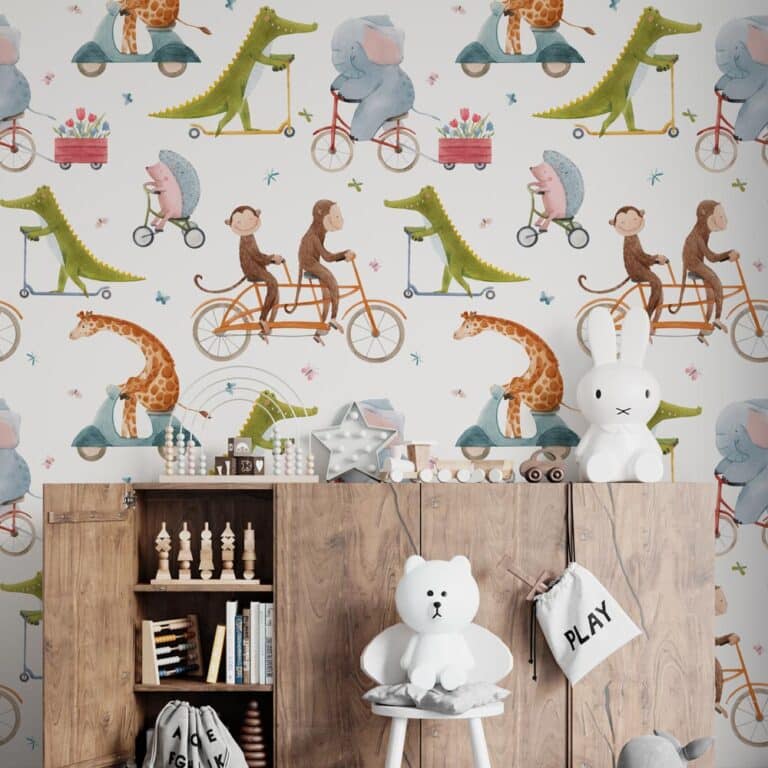 Kinderbehang - Babybehang - Babykamer behang - kinderbehang Vrolijke dieren op fiets