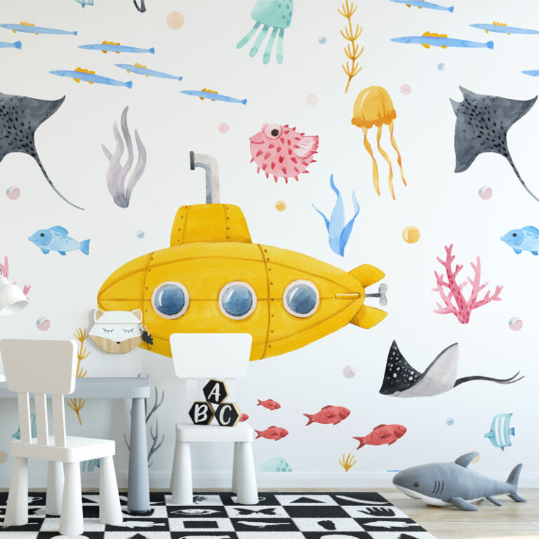 kinderbehang Duikbootjes en vissen patroon