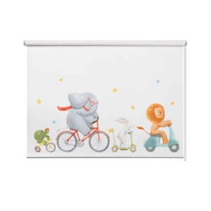 Rolgordijn Schildpad olifant konijn leeuw op fiets