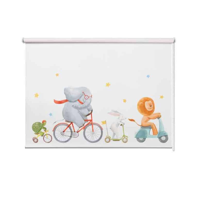 Rolgordijn Schildpad olifant konijn leeuw op fiets