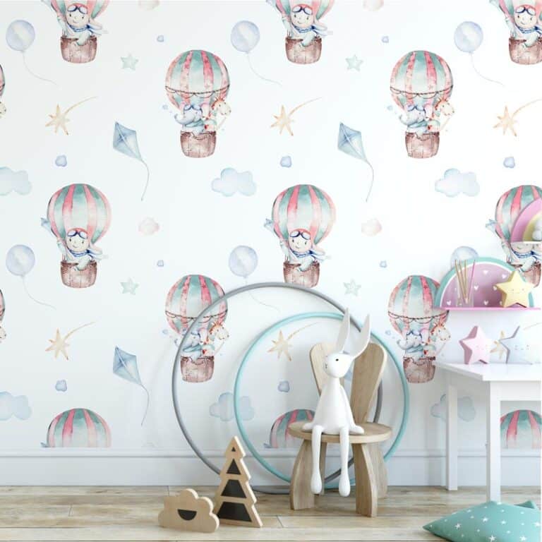 behang babykamer - babykamer behang - baby behang - Kinderbehang Dieren in luchtballon
