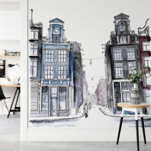 Fotobehang Amsterdamse huisjes aquarel
