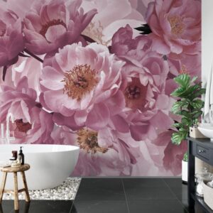 Badkamer behang roze pioenrozen