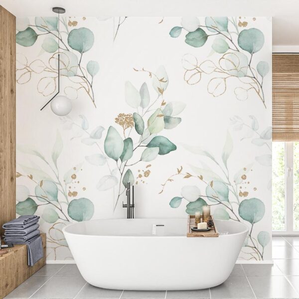 Badkamer behang eucalyptus blaadjes met goudaccent