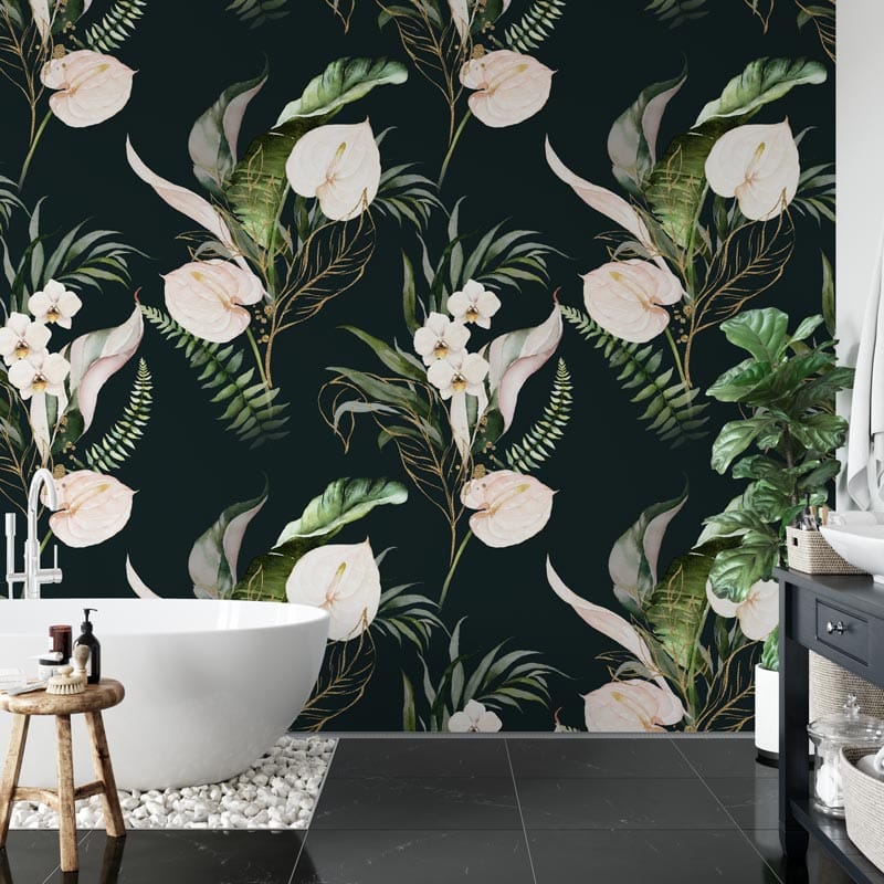 Badkamer behang Botanische bladeren en bloemen patroon