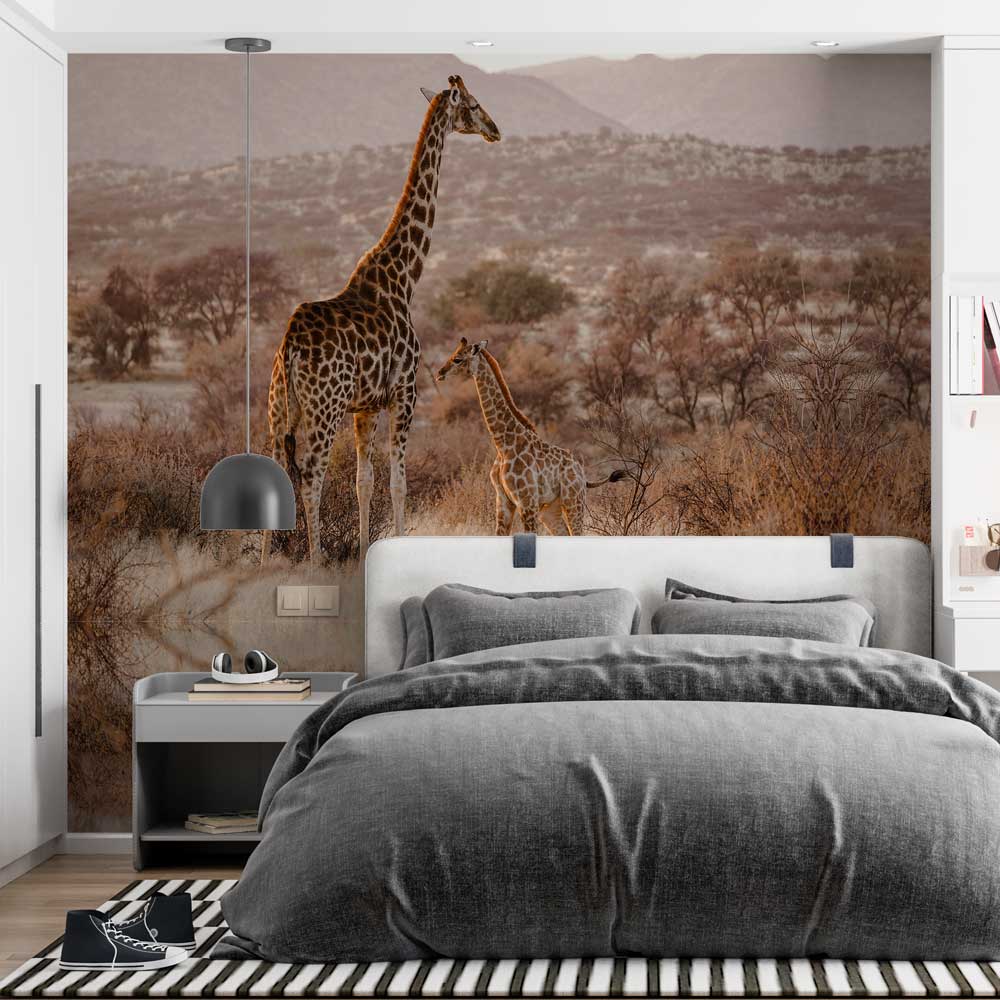 fotobehang Giraf met kleintje tienerkamer