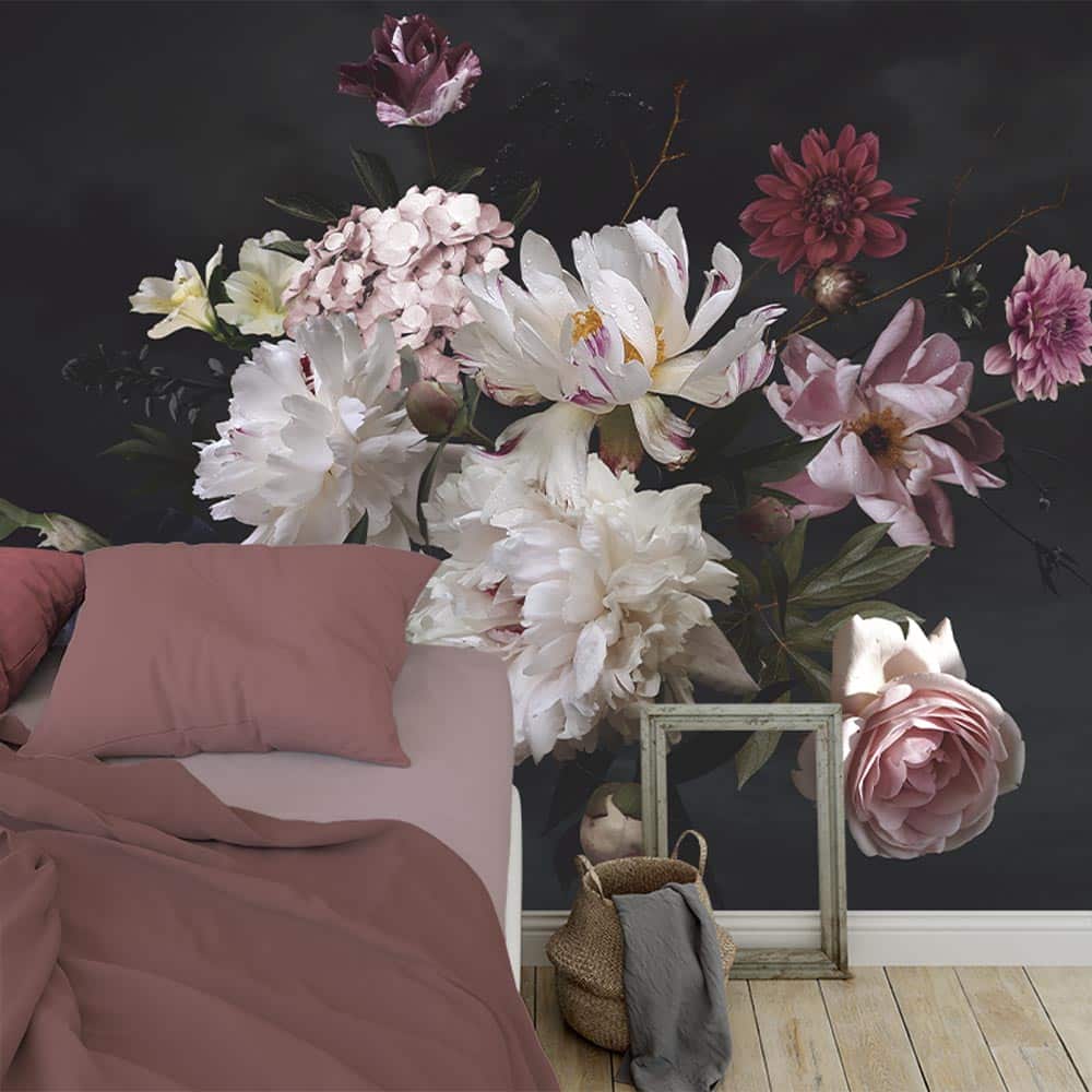 fotobehang Schilderij van pioenrozen slaapkamer met bed