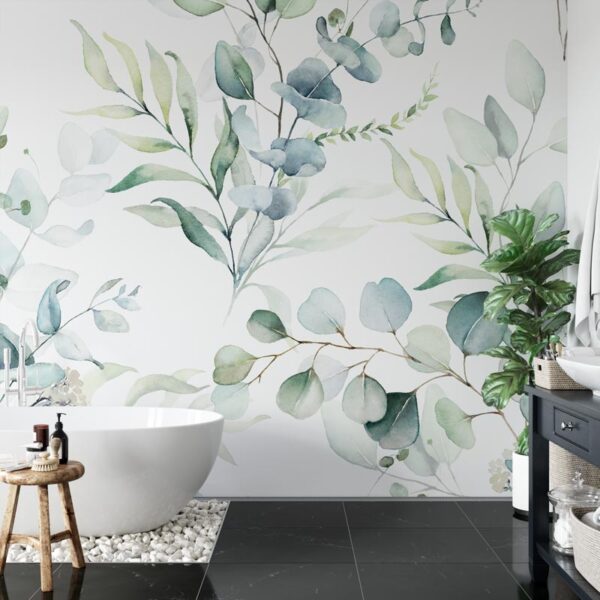 Badkamer behang Eucalyptus blaadjes patroon