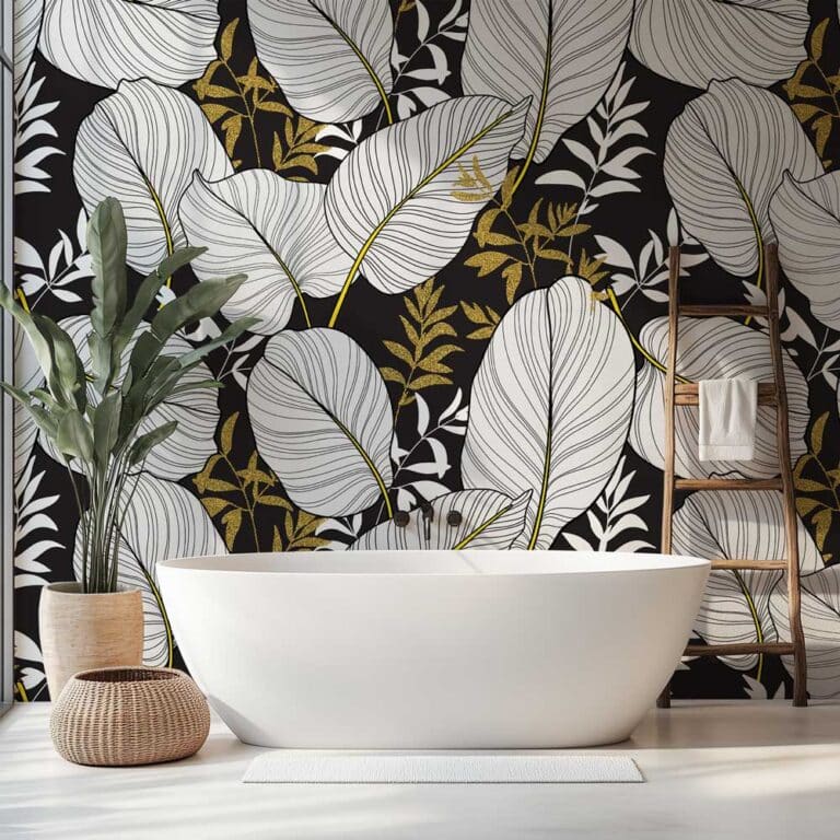 Behang badkamer - Badkamer behang Bladeren met goudaccenten