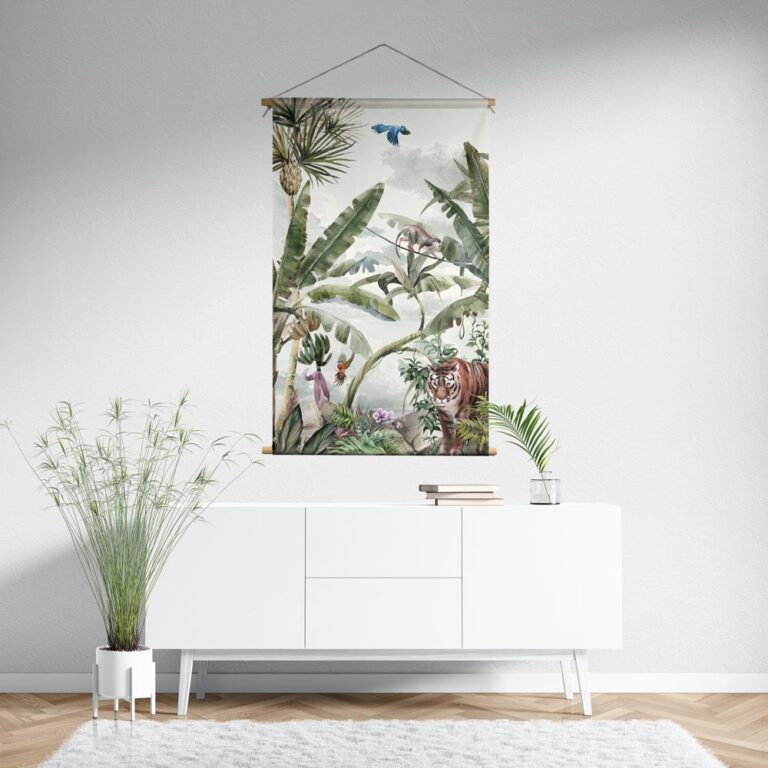 Textielposter Jungle met tijger en vogels